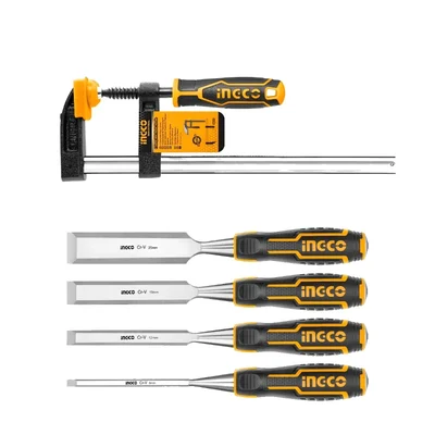 INGCO Hand Tools Combo of 300 mm F Clamp, and 140 mm Wood Chisel Set