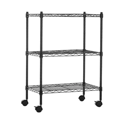 Rackwell 30 x 24 x 14 Inches 3-Shelves Mild Steel Black Coated Rack With 2 Inch Wheels For Multipurpose Uses