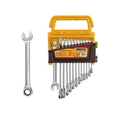 Ingco 12 Piece Ratchet Combi Spanner Set Chrome Vanadium Steel Dual End Design Size 8mm to 19mm Silver Finish (HKSPAR1122)