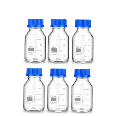 Bello Pack of 6 Pcs 50ml Borosilicate Glass Reagent Bottle with Leak Proof Blue Screw Cap