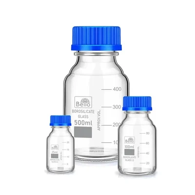 Bello Borosilicate Glass 3.3 Measuring 3pcs Reagent Bottle 25ml, 100ml & 500ml with Blue Screw Cap for Laboratory Use