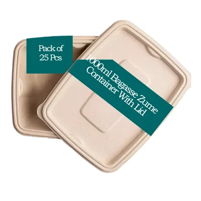 1000ml Bagasse Rectangular Zume Container With Lid, 100% Anti-Leak Technology for Food Delivery, Take Away Meals(Pack-25 pcs)