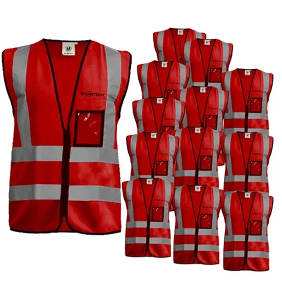 Gravitech 100 Pcs 120 GSM Red Colour Safety Jacket With 2" High Grade Reflective Fabric Tape (GI-RJ-04)