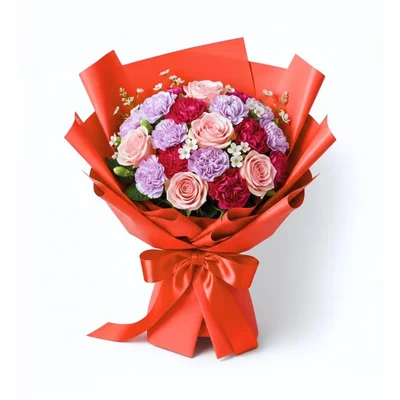 Pack of 2 (40 Sheets) Red Solid Korean Gift Wrap | Waterproof Checked Bouquet Paper + 3 Pull Bows