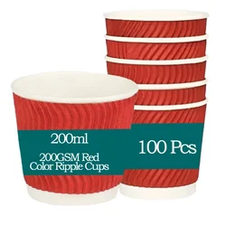 100 Pcs, 200ml 200GSM Red Color Paper Ripple Cup for Both Indoor and Outdoor Events
