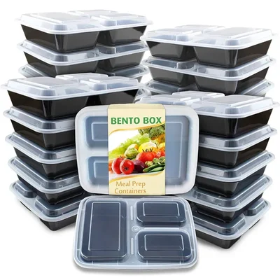 3 Compartment Reusable BPA Free Plastic Bento Box With Transparent Lid For Lunch, Dinner, Brunch, Pre Workout Meals(Pack-50 Pcs )