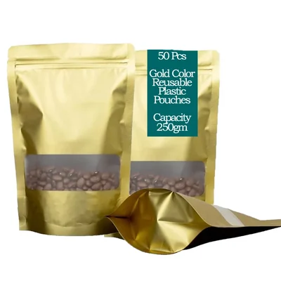 50 Pcs, Gold Color Reusable Plastic Stand Up Pouches with Transparent Window(Capacity-250 gm)