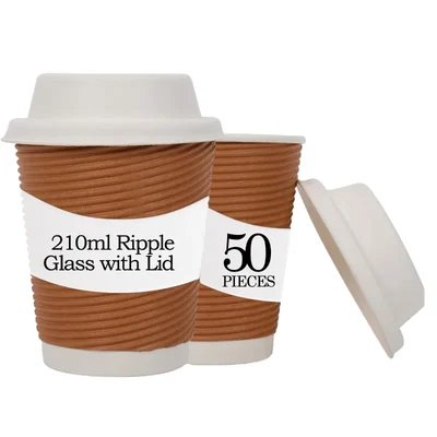 210ml Eco-Friendly Brown Ripple Cups With Lid for Cafes, Restaurant (Pack-50)
