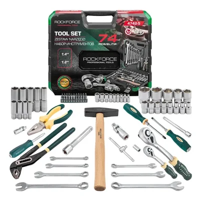 ROCKFORCE 74 Pc 1/4" & 1/2" Drive CR-V Socket Set with Ratchets, Case, Mechanic Tool Kit (RF-4742-5)