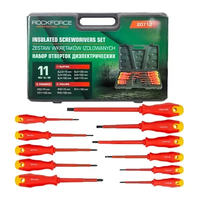 ROCKFORCE 11 Pcs Precision Screwdriver Set – Insulated Dielectric Handles, Ergonomic Grip, Steel Tips, Case Included (RF-20712)