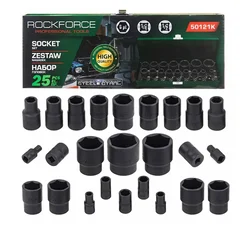 ROCKFORCE 25-Piece 1/4 & 1/2 Inch Impact Socket Set, 6-Point Cr-Mo Sockets for Heavy-Duty Torque Use (RF-50121K)