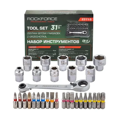 ROCKFORCE 31 Piece Steel Socket Tool Set, 6-Point Heads, 1/4" Drive, CrV Steel, Professional Grade (RF-2311-5)