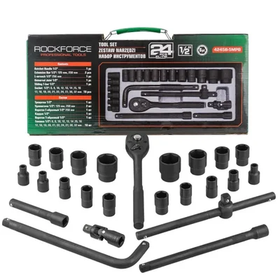 ROCKFORCE 24 Piece ½" Drive 6‑Point Socket & Ratchet Tool Set (RF‑4245B‑5MPB)