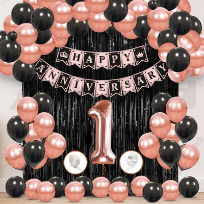 1st Anniversary Decoration Kit - Rose Gold & Black Balloon Set with Fringe Curtain & Foil Banner, 56 Pcs (3 Packs)