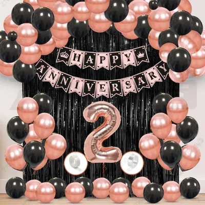 2nd Anniversary Decoration Kit - Rose Gold & Black Balloon Set with Fringe Curtain & Foil Banner, 56 Pcs (3 Packs)