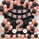 2nd Anniversary Decoration Kit - Rose Gold & Black Balloon Set with Fringe Curtain & Foil Banner, 56 Pcs (3 Packs)