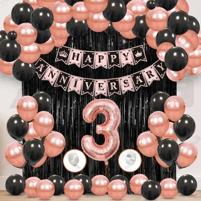 3rd Anniversary Decoration Kit - Rose Gold & Black Balloon Set with Fringe Curtain & Foil Banner, 56 Pcs (3 Packs)
