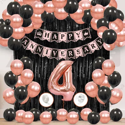 4th Anniversary Decoration Kit - Rose Gold & Black Balloon Set with Fringe Curtain & Foil Banner, 56 Pcs (3 Packs)