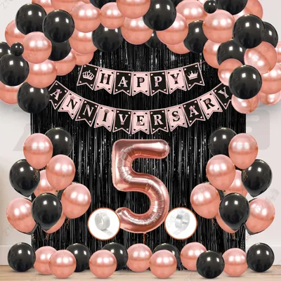 5th Anniversary Decoration Kit - Rose Gold & Black Balloon Set with Fringe Curtain & Foil Banner, 56 Pcs (3 Packs)