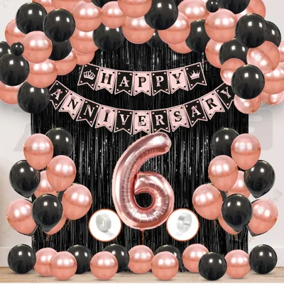 6th Anniversary Decoration Kit - Rose Gold & Black Balloon Set with Fringe Curtain & Foil Banner, 56 Pcs (3 Packs)