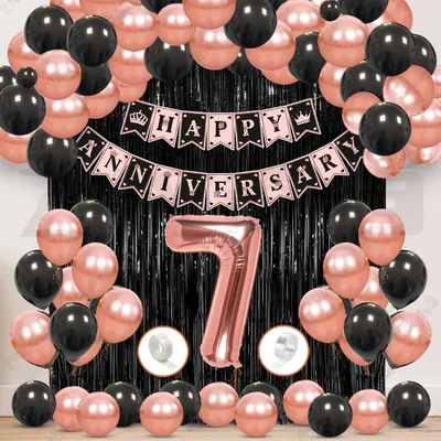 7th Anniversary Decoration Kit - Rose Gold & Black Balloon Set with Fringe Curtain & Foil Banner, 56 Pcs (3 Packs)