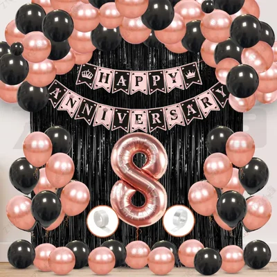 8th Anniversary Decoration Kit - Rose Gold & Black Balloon Set with Fringe Curtain & Foil Banner, 56 Pcs (3 Packs)