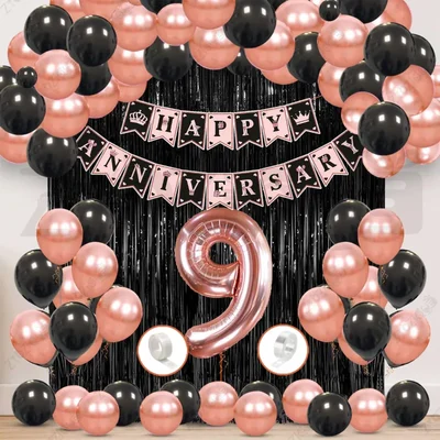 9th Anniversary Decoration Kit - Rose Gold & Black Balloon Set with Fringe Curtain & Foil Banner, 56 Pcs (3 Packs)