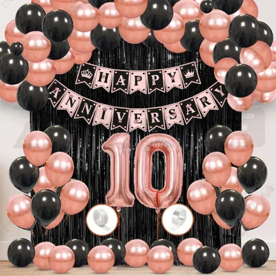 10th Anniversary Decoration Kit - Rose Gold & Black Balloon Set with Fringe Curtain & Foil Banner, 57 Pcs (3 Packs)
