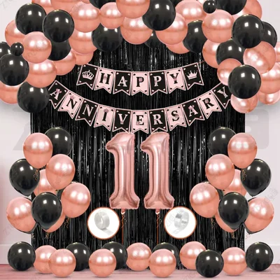 11th Anniversary Decoration Kit - Rose Gold & Black Balloon Set with Fringe Curtain & Foil Banner, 57 Pcs (3 Packs)