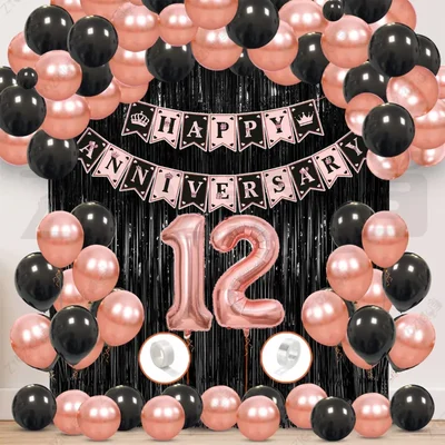 12th Anniversary Decoration Kit - Rose Gold & Black Balloon Set with Fringe Curtain & Foil Banner, 57 Pcs (3 Packs)