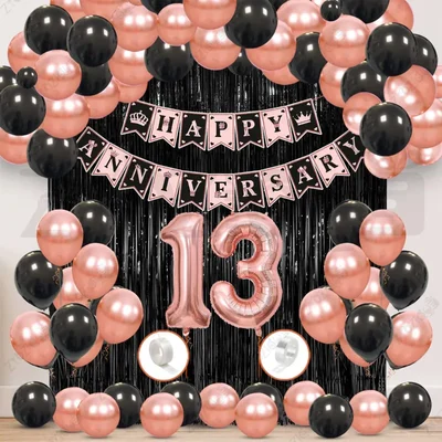 13th Anniversary Decoration Kit - Rose Gold & Black Balloon Set with Fringe Curtain & Foil Banner, 57 Pcs (3 Packs)