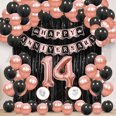 14th Anniversary Decoration Kit - Rose Gold & Black Balloon Set with Fringe Curtain & Foil Banner, 57 Pcs (3 Packs)