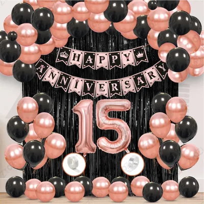 15th Anniversary Decoration Kit - Rose Gold & Black Balloon Set with Fringe Curtain & Foil Banner, 57 Pcs (3 Packs)
