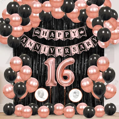 16th Anniversary Decoration Kit - Rose Gold & Black Balloon Set with Fringe Curtain & Foil Banner, 57 Pcs (3 Packs)