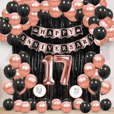 17th Anniversary Decoration Kit - Rose Gold & Black Balloon Set with Fringe Curtain & Foil Banner, 57 Pcs (3 Packs)