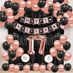 17th Anniversary Decoration Kit - Rose Gold & Black Balloon Set with Fringe Curtain & Foil Banner, 57 Pcs (3 Packs)