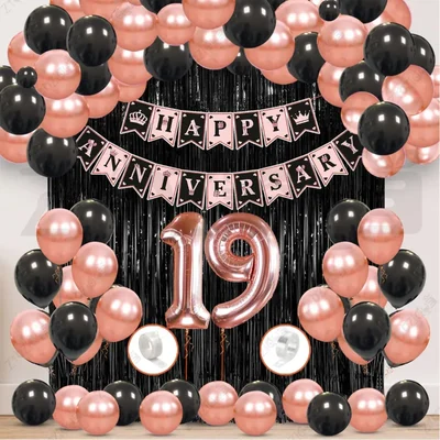 19th Anniversary Decoration Kit - Rose Gold & Black Balloon Set with Fringe Curtain & Foil Banner, 57 Pcs (3 Packs)
