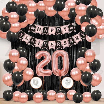 20th Anniversary Decoration Kit - Rose Gold & Black Balloon Set with Fringe Curtain & Foil Banner, 57 Pcs (3 Packs)