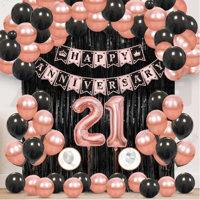 21st Anniversary Decoration Kit - Rose Gold & Black Balloon Set with Fringe Curtain & Foil Banner, 57 Pcs (3 Packs)
