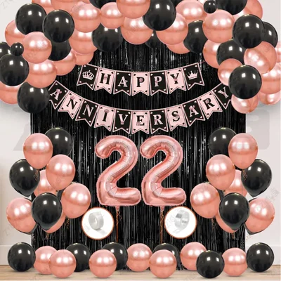 22nd Anniversary Decoration Kit - Rose Gold & Black Balloon Set with Fringe Curtain & Foil Banner, 57 Pcs (3 Packs)