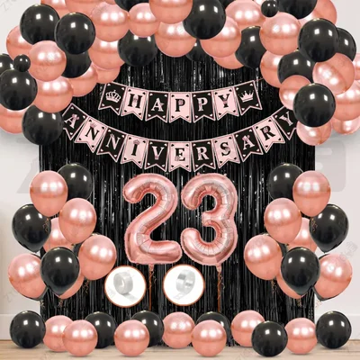 23th Anniversary Decoration Kit - Rose Gold & Black Balloon Set with Fringe Curtain & Foil Banner, 57 Pcs (3 Packs)