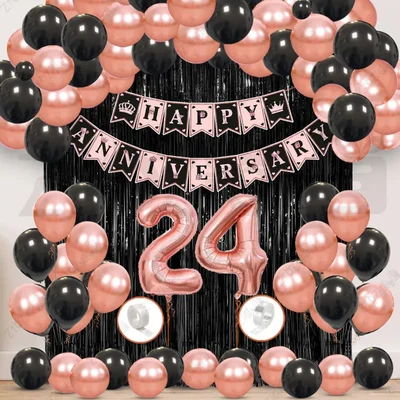 24th Anniversary Decoration Kit - Rose Gold & Black Balloon Set with Fringe Curtain & Foil Banner, 57 Pcs (3 Packs)