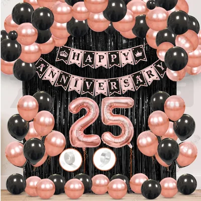 25th Anniversary Decoration Kit - Rose Gold & Black Balloon Set with Fringe Curtain & Foil Banner, 57 Pcs (3 Packs)