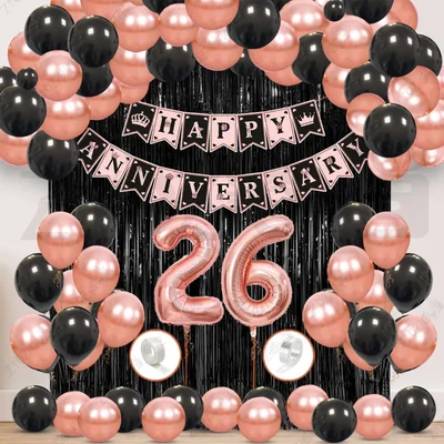 26th Anniversary Decoration Kit - Rose Gold & Black Balloon Set with Fringe Curtain & Foil Banner, 57 Pcs (3 Packs)