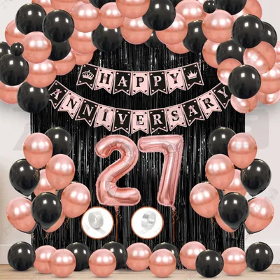 27th Anniversary Decoration Kit - Rose Gold & Black Balloon Set with Fringe Curtain & Foil Banner, 57 Pcs (3 Packs)