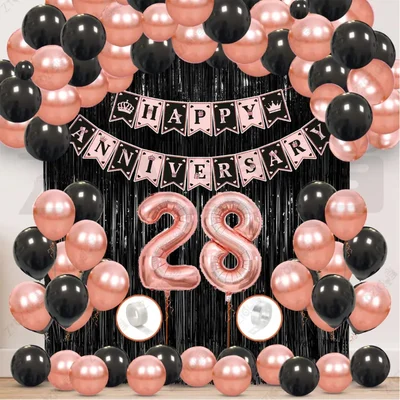 28th Anniversary Decoration Kit - Rose Gold & Black Balloon Set with Fringe Curtain & Foil Banner, 57 Pcs (3 Packs)