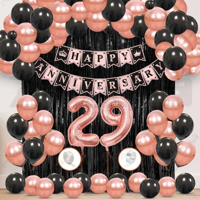 29th Anniversary Decoration Kit - Rose Gold & Black Balloon Set with Fringe Curtain & Foil Banner, 57 Pcs (3 Packs)