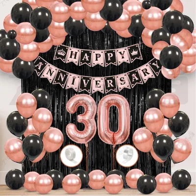 30th Anniversary Decoration Kit - Rose Gold & Black Balloon Set with Fringe Curtain & Foil Banner, 57 Pcs (3 Packs)
