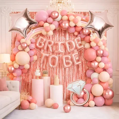 Pack of 4, 45 Pcs, Bachelorette & Bridal Shower Decor - Rose Gold Banner, Sash, Foil Ring Balloon, Fringe Curtain, Latex