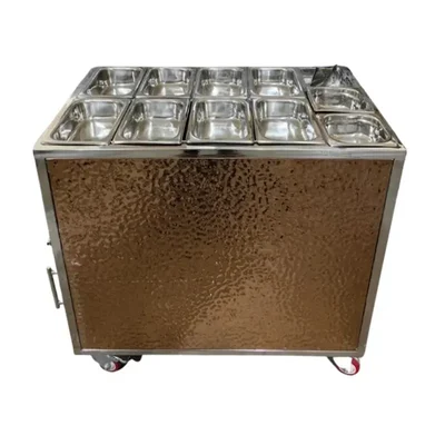 Rose Gold Steel Plated 8+2 Pot Trolley with Napkin Stand and Window Storage Capacity For Restaurant / Cafe Kitchen Setup